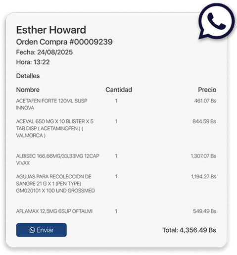 Orden de compra enviada por WhatsApp en Nexastock